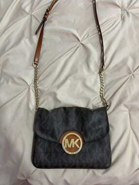 Michael Kors Chocolate MK Logo Crossbody with Gold-Tone Emblem